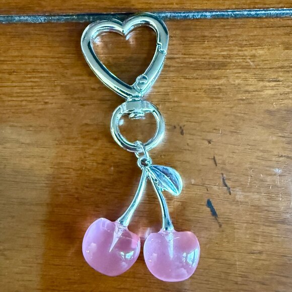 NEW Silver Pink Cherries and Heart Keychain Bag Charm - Picture 1 of 5